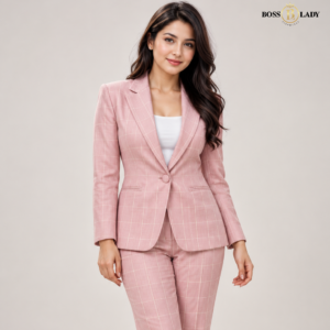 Pink Single-Breasted Windowpane Check Blazer