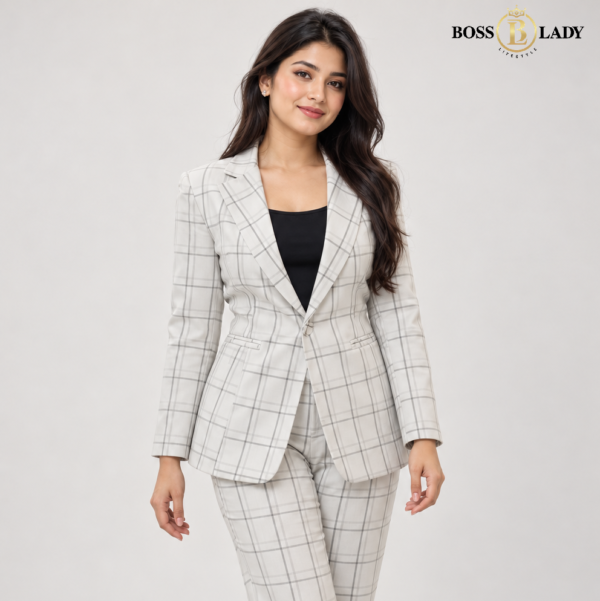 White Single-Breasted Windowpane Check Blazer