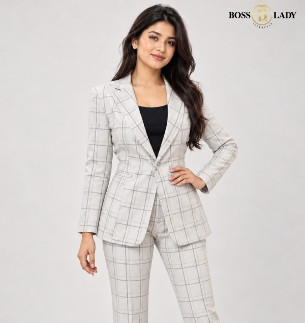 White Single-Breasted Windowpane Check Blazer