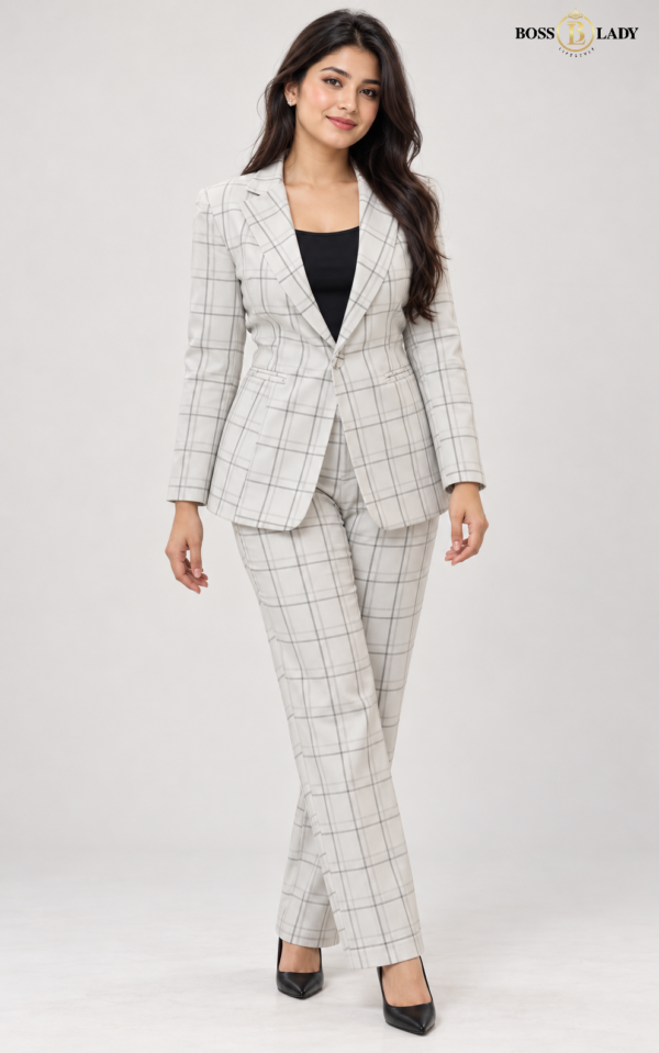 White Single-Breasted Windowpane Check Blazer