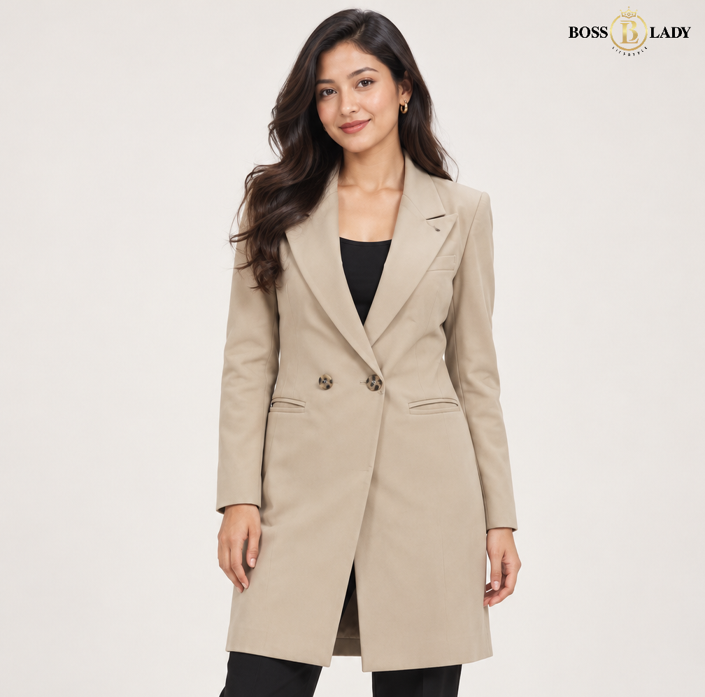 Beige Double-Breasted Longline Coat