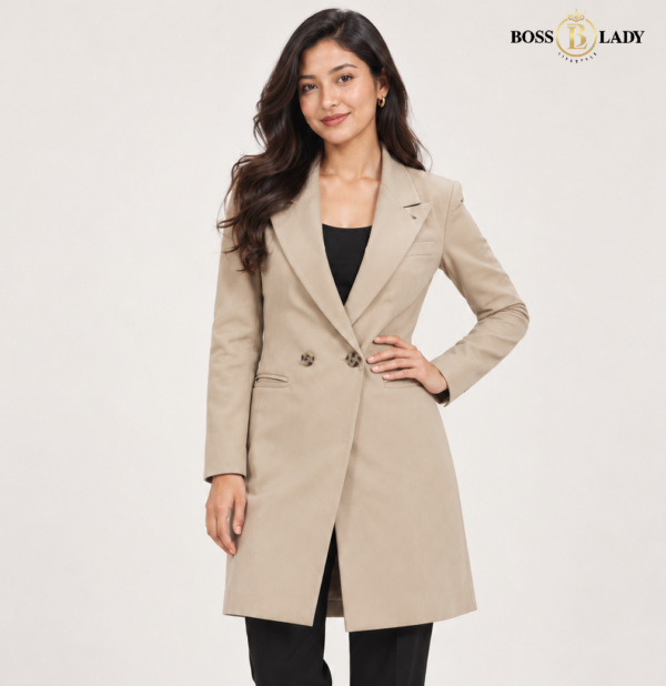 Beige Double-Breasted Longline Coat