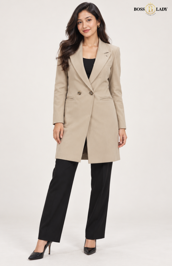 Beige Double-Breasted Longline Coat